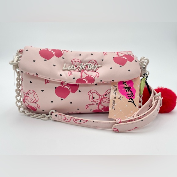 BETSEY JOHNSON Pink Bow LBCORAL Cherries Hearts Crossbody Purse‎ with Pom Pom - Picture 8 of 9